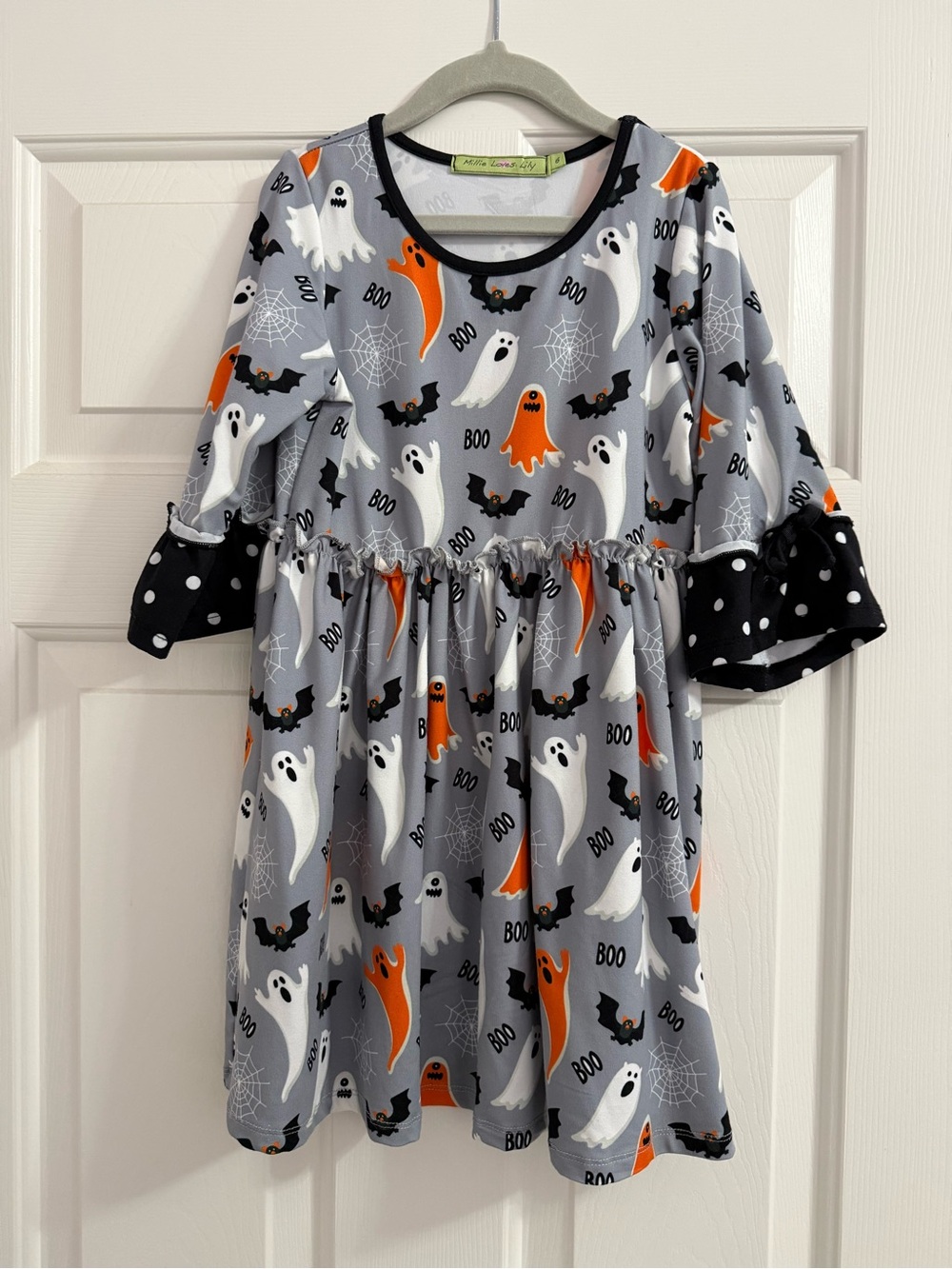 Girls' Halloween Ghost Print Ruffled Dress - Gray, Orange & White